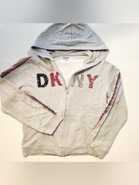 🩷DKNY Girls' Light Gray Sequin Logo Zip Hoodie Size: 14/16